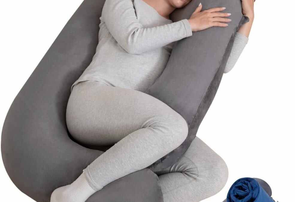 G-Shaped Pregnancy Pillow Comes with 2 Removable Covers | 50-inch Ergonomic Full Body Pillow for Sleeping, Maternity Support, & Post-Surgery Recovery – Grey Velvet & Blue Cotton